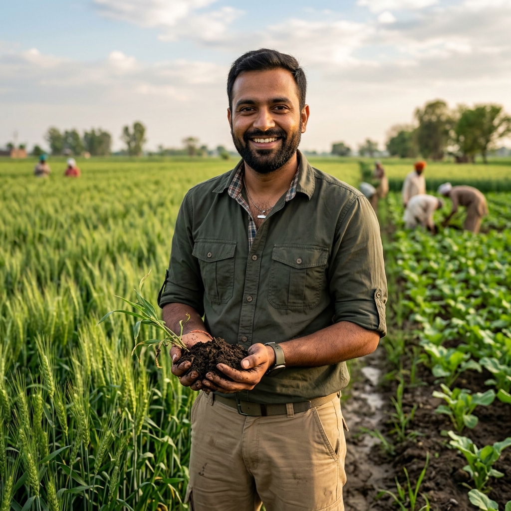 Soil Health Specialist Amit Malhotra examining soil composition