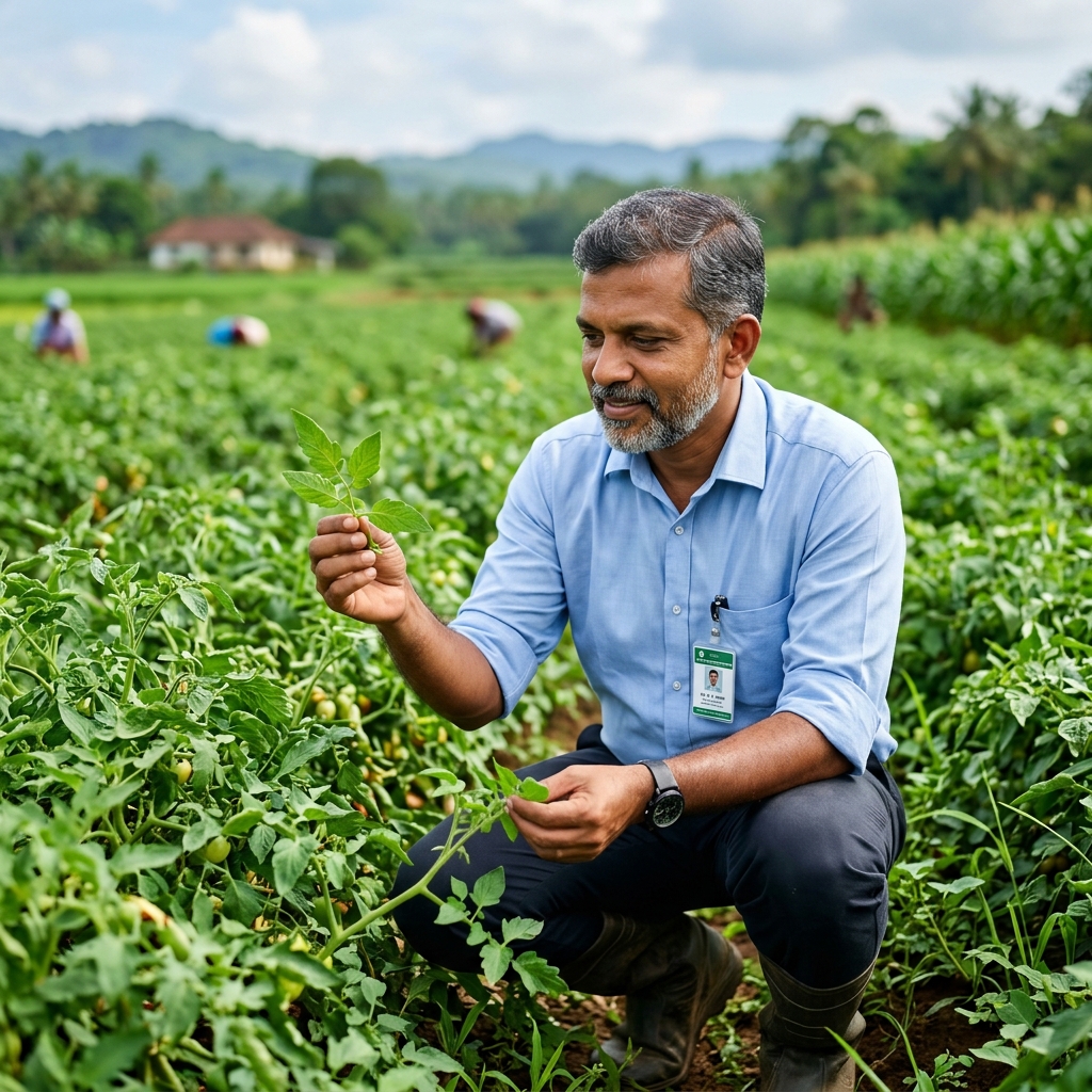 Crop Protection Expert Dr. S. K. Nair examining field crop safety