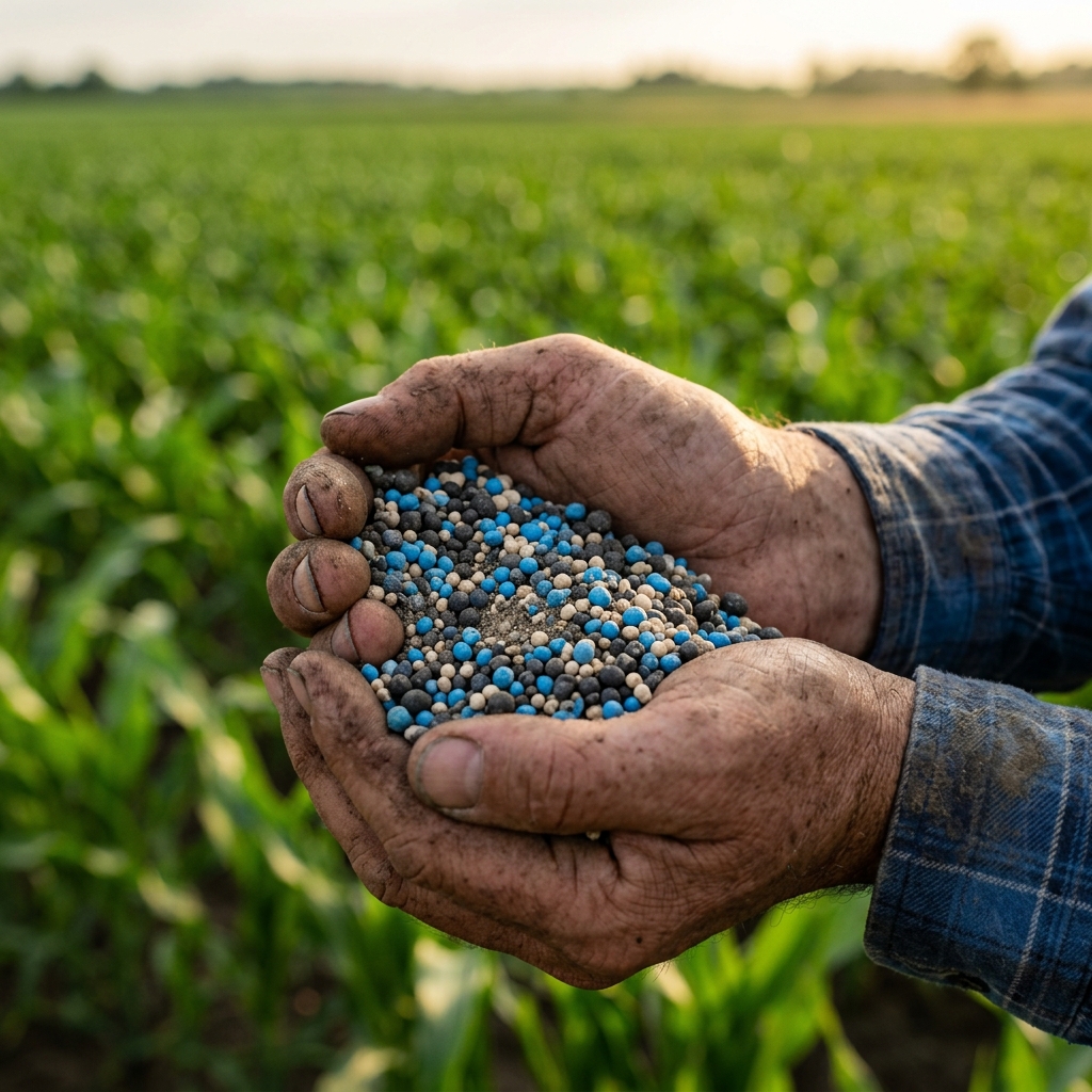 NPK fertilizer granules in farmer's hands over a blurred crop field background
